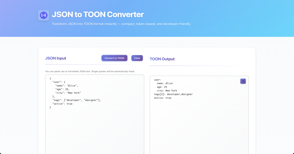 Json Tokenizer JSON to TOON Converter - Transform JSON into Token-Oriented Object Notation
